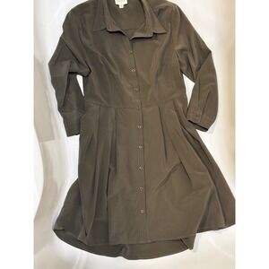 Everly Olive Green Fit‎ and Flare Shirt Dress, Pleated Long Sleeve, Casual